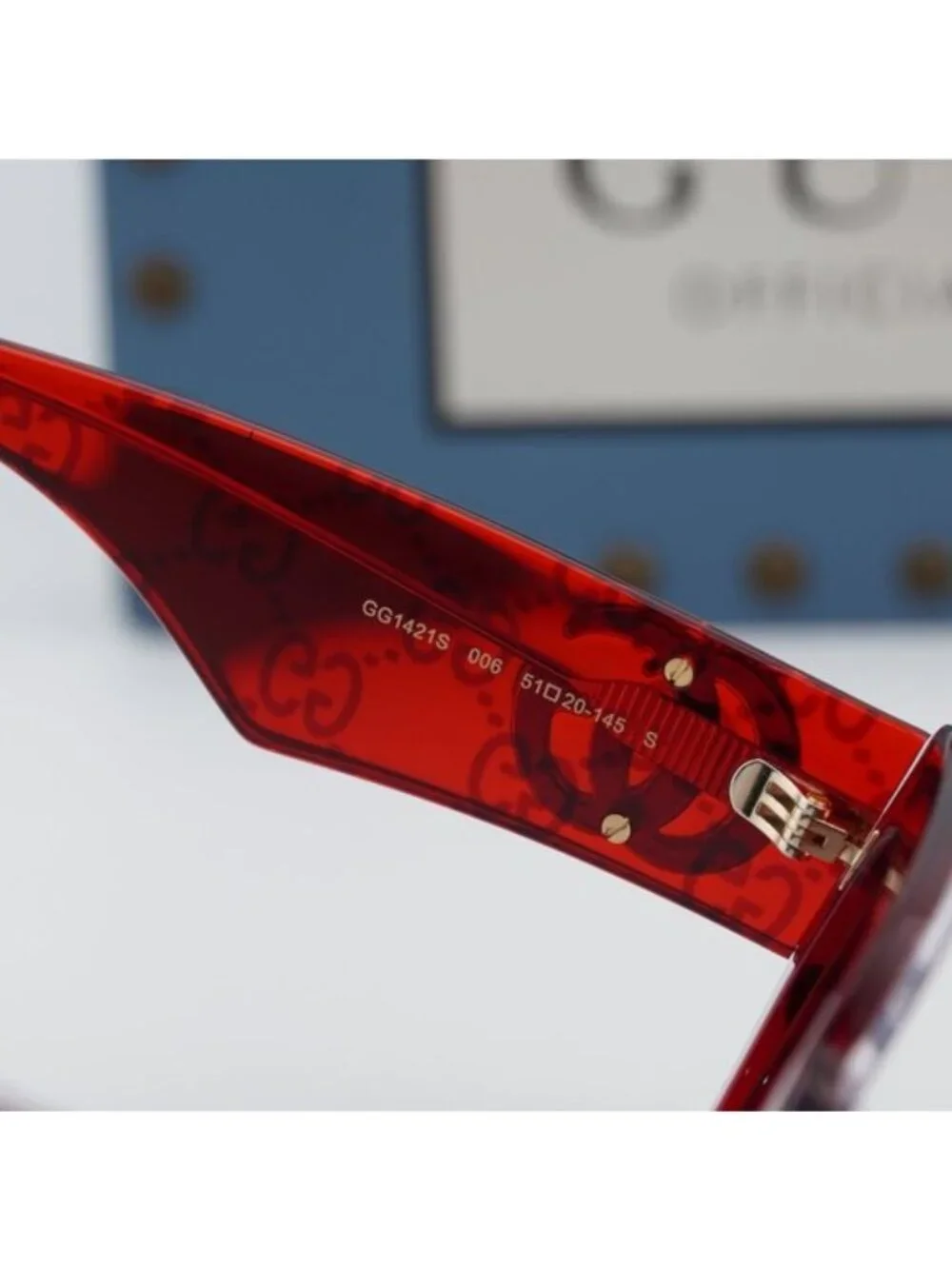 Gucci GG1421S 006 Geometric Sunglasses - Transparent Red with GG Pattern/Brown